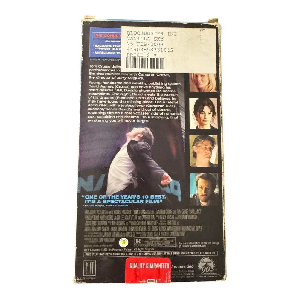 Vanilla Sky VHS Tape Tom Cruise Penelope Cruz Cameron Diaz Widescreen Former
